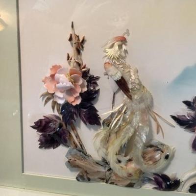 Beautiful Vintage Framed Asian Inspired 3-Dimensional Mother of Pearl Shell Art. Wall Decor Encased Frame Size 15.5" x 27" in...