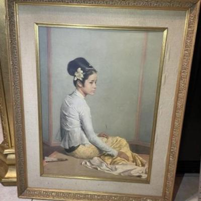 Vintage Mid-Century Young Asian Girl Print on Board in a Wooden Frame Size 25.5" x 32".