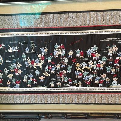 Vintage Chinese Silk Embroidery “100 Children Playing” Decorative Art Frame Size 17.75" x 31.50" (Artwork in Great Shape Frame...