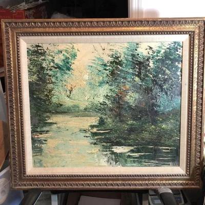 Vintage ALICE NOEL Oil on Artist Board Scenic Painting 26" x 30" Frame Size Preowned from an Estate in Good Condition.