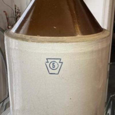 Vintage Large Pennsylvania Shield Stoneware 5-Gallon Jug Crock 19.50" Tall in VG Preowned Condition.
