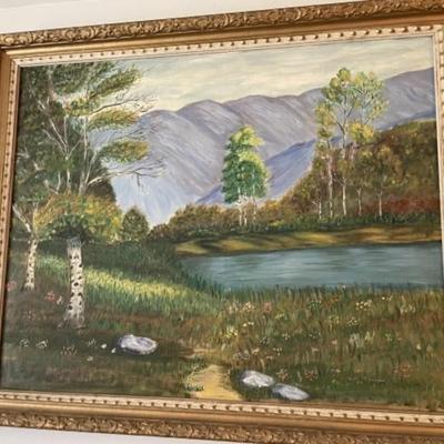 MID-CENTURY OIL ON BOARD PAINTING SIGNED BY DOT TIEDEMAN 1957 FRAME SIZE 27"x33" IN GOOD PREOWNED CONDITION.