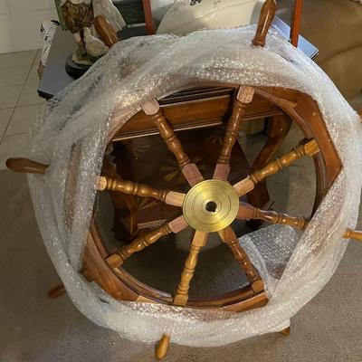Vintage Large 36" Boat Ship Wooden Steering Wheel Brass Center Nautical Wall Decor Wired for Hanging in Good Preowned Condition.