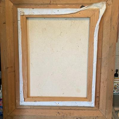 VINTAGE HUNTER SIGNED ABSTRACT DOUBLE SANTA FACES OIL/ACRYLIC ON CANVAS PAINTING FRAME SIZE 24" x 28.5" IN GOOD CONDITION.