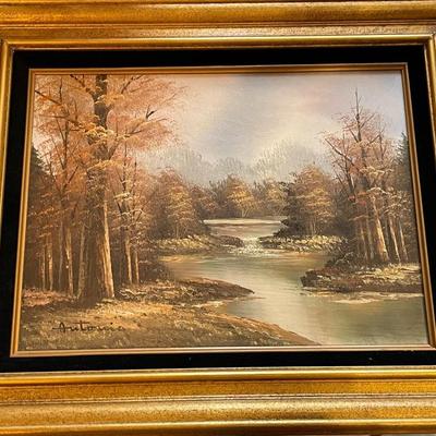 Vintage Antonio Oil on Canvas Landscape Painting Frame Size 17.5" x 21.5" in VG Preowned Condition.