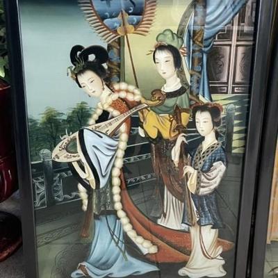 Pair of Vintage Chinese Reverse Glass Paintings 19.5" x 27.25" Preowned from an Estate Cleanout in VG Condition.