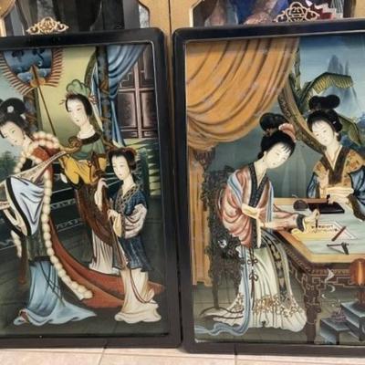 Pair of Vintage Chinese Reverse Glass Paintings 19.5" x 27.25" Preowned from an Estate Cleanout in VG Condition.