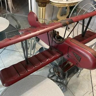 Vintage Large Wooden Carved Biplane w/Red Baron Fighter Pilot Believed to be Made in Lancaster Pa. 30" Wide x 27" Long x...
