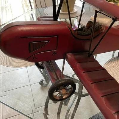 Vintage Large Wooden Carved Biplane w/Red Baron Fighter Pilot Believed to be Made in Lancaster Pa. 30" Wide x 27" Long x...