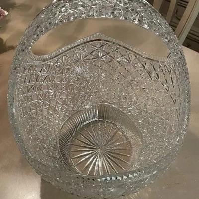 Vintage HUGE Cut/Etched Glass Large Leaded Crystal Basket 13" x 14" Preowned from an Estate in VG Preowned Condition. (Very Heavy)