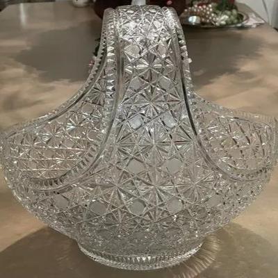 Vintage HUGE Cut/Etched Glass Large Leaded Crystal Basket 13" x 14" Preowned from an Estate in VG Preowned Condition. (Very Heavy)