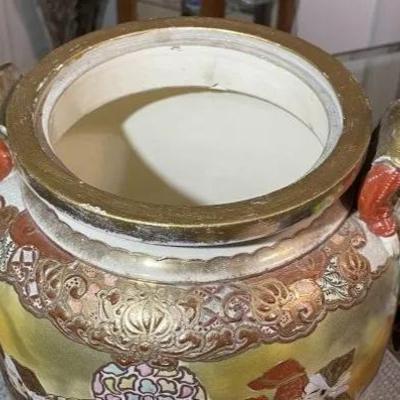 UNIQUE Japanese Satsuma Meiji Period Earthenware Footed Jar/Vase Samurai Warriors in Battle c1870 19" Tall Preowned from an Estate.