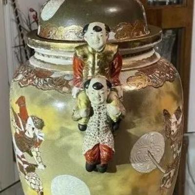 UNIQUE Japanese Satsuma Meiji Period Earthenware Footed Jar/Vase Samurai Warriors in Battle c1870 19" Tall Preowned from an Estate.