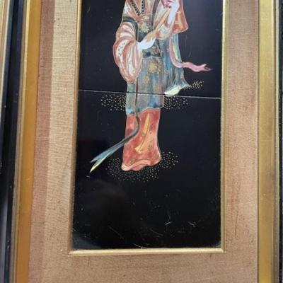Vintage Pair of Japanese Mid-Century Geisha Girl Tile Artwork Framed Size 9.5"x 21.5" Each Preowned from an Estate.