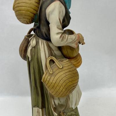 Antique Bisque Ceramic Porcelain Old Woman Carrying Baskets 14: tall # 7030B
