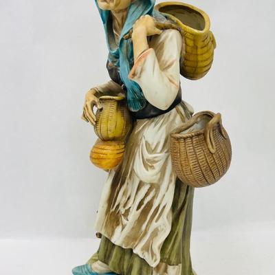 Antique Bisque Ceramic Porcelain Old Woman Carrying Baskets 14: tall # 7030B