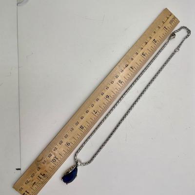 Silver tone Chain Necklace with large blue pendant