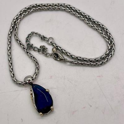 Silver tone Chain Necklace with large blue pendant