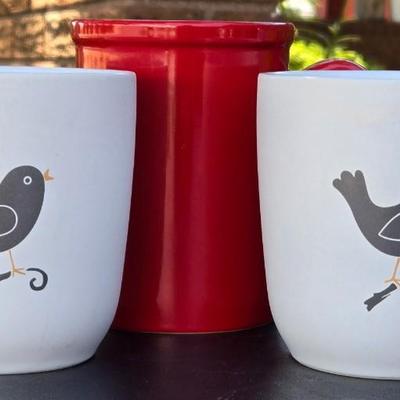 (2) Chicken Coffee Mugs and (1) Red Mug