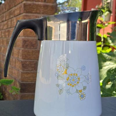 Mid Century Vintage Corningware Floral Bouquet Stove Top 6 Cup Coffee Percolator