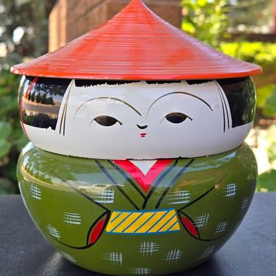 Vintage Japanese Lacquerware Kokeshi Doll with Kasa Hat Bento Box Stacking Bowls