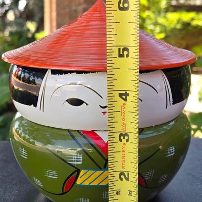 Vintage Japanese Lacquerware Kokeshi Doll with Kasa Hat Bento Box Stacking Bowls