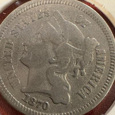1870 Three Cent Nickel Piece 3C High Grade Choice US Coin