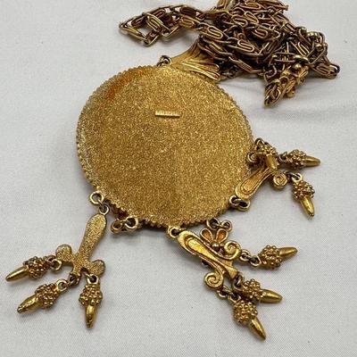 Vintage VENDOME Etruscan Revival White Wash Gold Tone Large Pendant Necklace