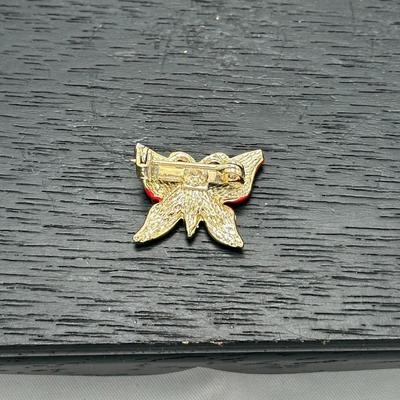 Vintage Butterfly Pin Red Hand Painted Enamel Clear Stones Pendant Brooch 1"