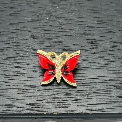 Vintage Butterfly Pin Red Hand Painted Enamel Clear Stones Pendant Brooch 1"
