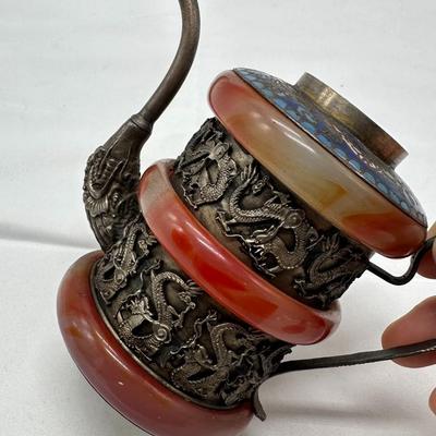 CHINESE TIBETAN SILVER CARVED JADE ENAMEL TEA POT