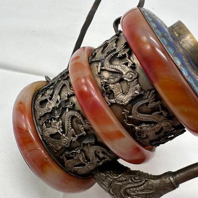 CHINESE TIBETAN SILVER CARVED JADE ENAMEL TEA POT