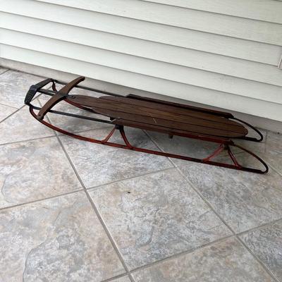Vtg. Wood & Metal Sled With Super Steering