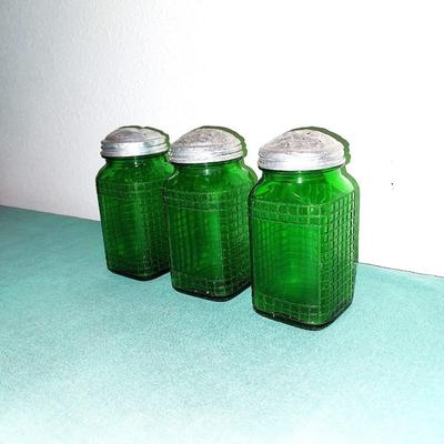 THREE OWENS ILLINOIS GREEN GLASS SHAKERS