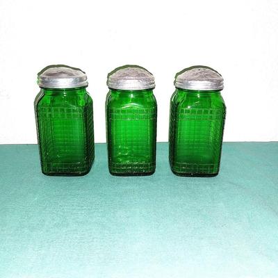 THREE OWENS ILLINOIS GREEN GLASS SHAKERS