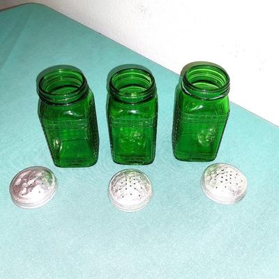 THREE OWENS ILLINOIS GREEN GLASS SHAKERS