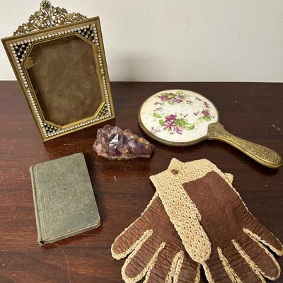 ANTIQUE HAND MIRROR, AMETHYST CRYSTAL CLUSTER, FRAME & ANTIQUE BOOK LOT