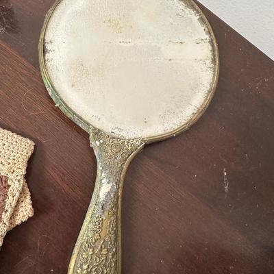 ANTIQUE HAND MIRROR, AMETHYST CRYSTAL CLUSTER, FRAME & ANTIQUE BOOK LOT
