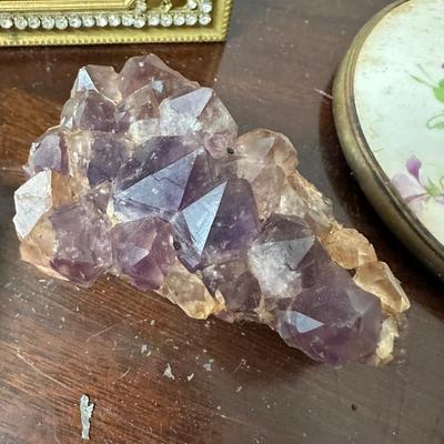 ANTIQUE HAND MIRROR, AMETHYST CRYSTAL CLUSTER, FRAME & ANTIQUE BOOK LOT