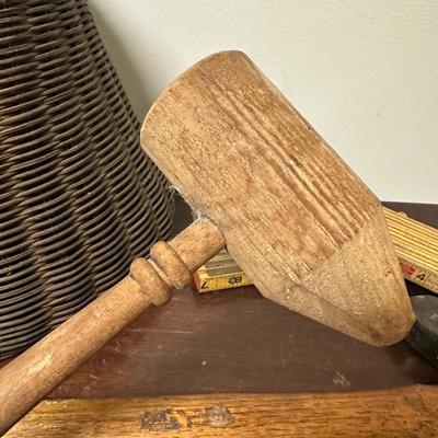 VINTAGE FISH BASKET, RULER, TOOL LOT