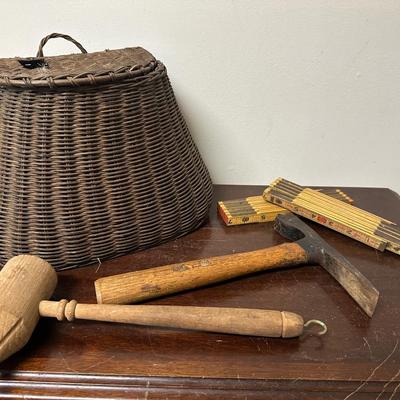 VINTAGE FISH BASKET, RULER, TOOL LOT