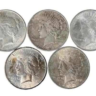 Lot of 5 Silver 1924 Peace Dollars