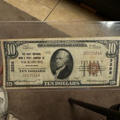 U S CURRENCY 10$ VICKSBURG VF