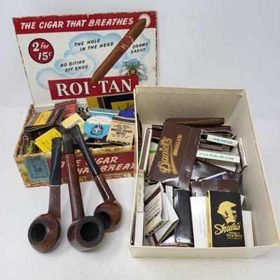 Box Of Vintage Matchbooks & Briar Pipes (3)