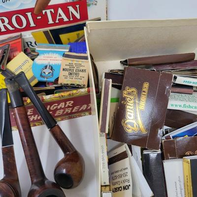 Box Of Vintage Matchbooks & Briar Pipes (3)