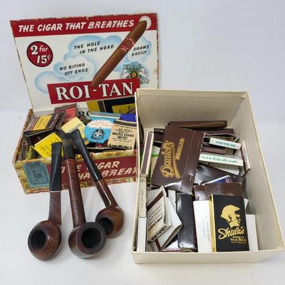 Box Of Vintage Matchbooks & Briar Pipes (3)