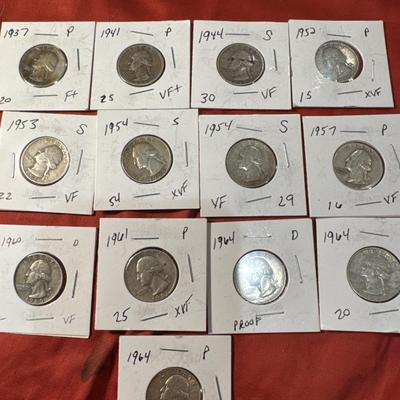 Lot of 13 pre 1964 Quarters GEORGE WASHINGTON SILVER
