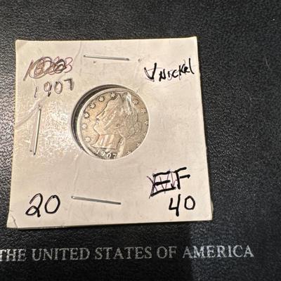 1907 V NICKEL EF 40 US COIN 5c