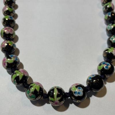 Vintage Asian Black Bead 24" Cloisonne Necklace Knotted with Mixed Color Flowers in VG Preowned Condition.