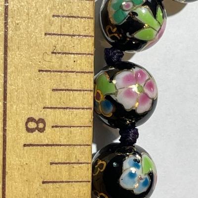 Vintage Asian Black Bead 24" Cloisonne Necklace Knotted with Mixed Color Flowers in VG Preowned Condition.